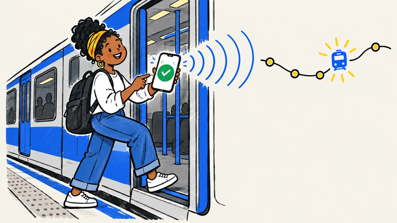 A commuter checks in on her phone while boarding a blue train. Signal waves connect her phone to the route.