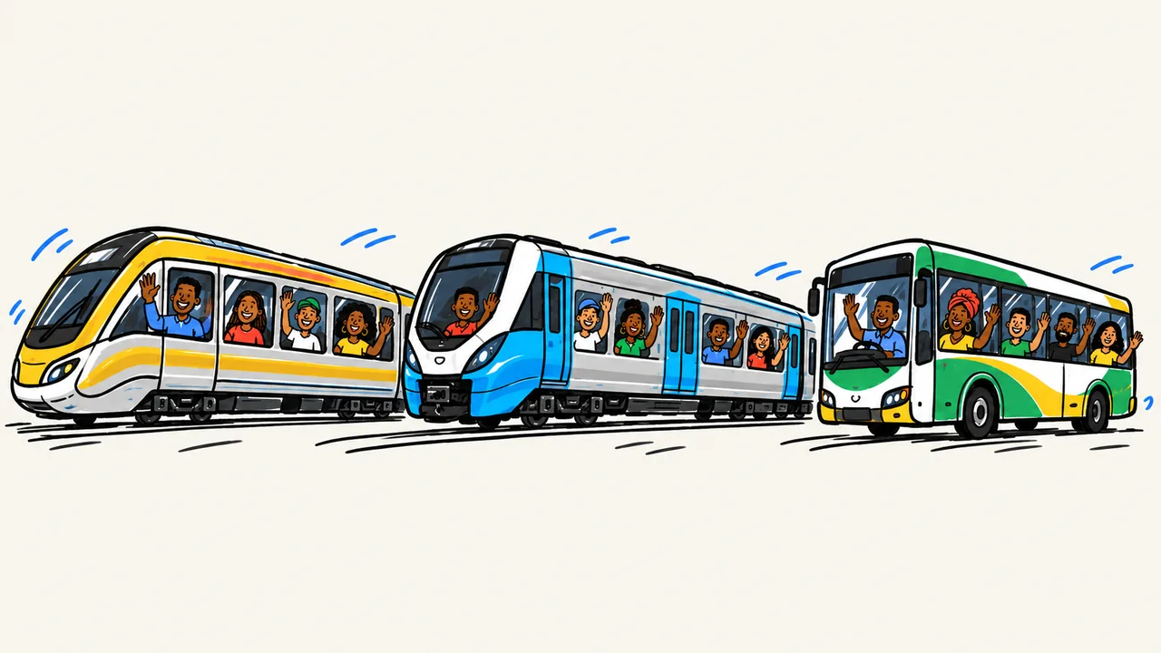 Commuters wave from a Gautrain, a blue Metrorail train and a Metrobus.