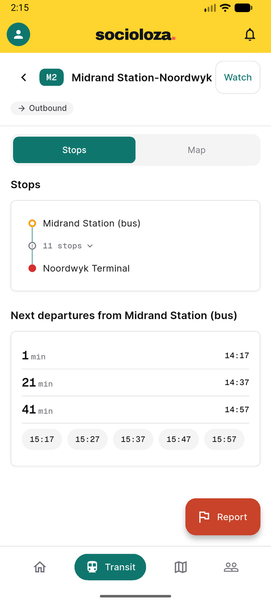 The M2 Midrand to Noordwyk bus route: every stop, with the next departures counting down in minutes.