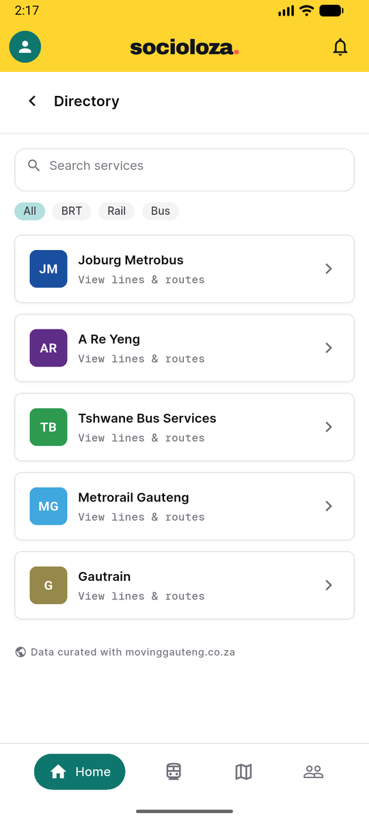 The operator directory: Joburg Metrobus, A Re Yeng, Tshwane Bus Services, Metrorail, Gautrain and Taxi, filtered by rail, bus and BRT.