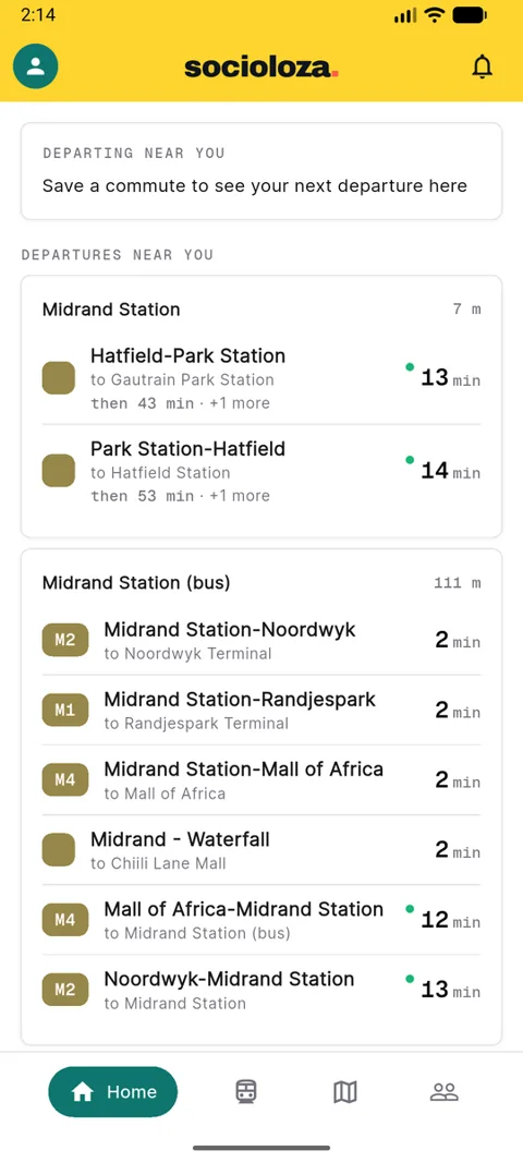 The Socioloza app home screen with saved commutes and nearby departures.